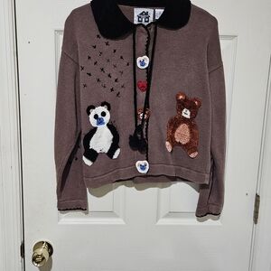 Story Book Knits Brown Knit Jacket with Bear Design Size XS Oversided